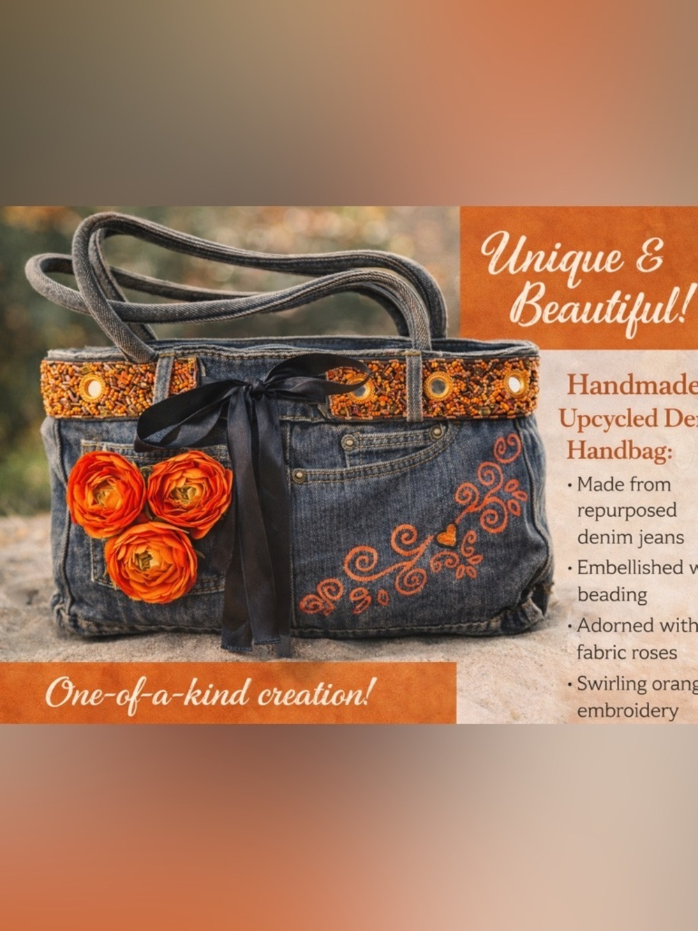 Handmade Upcycled Denim Handbag Beaded Trim Orange Floral One of a Kind Purse